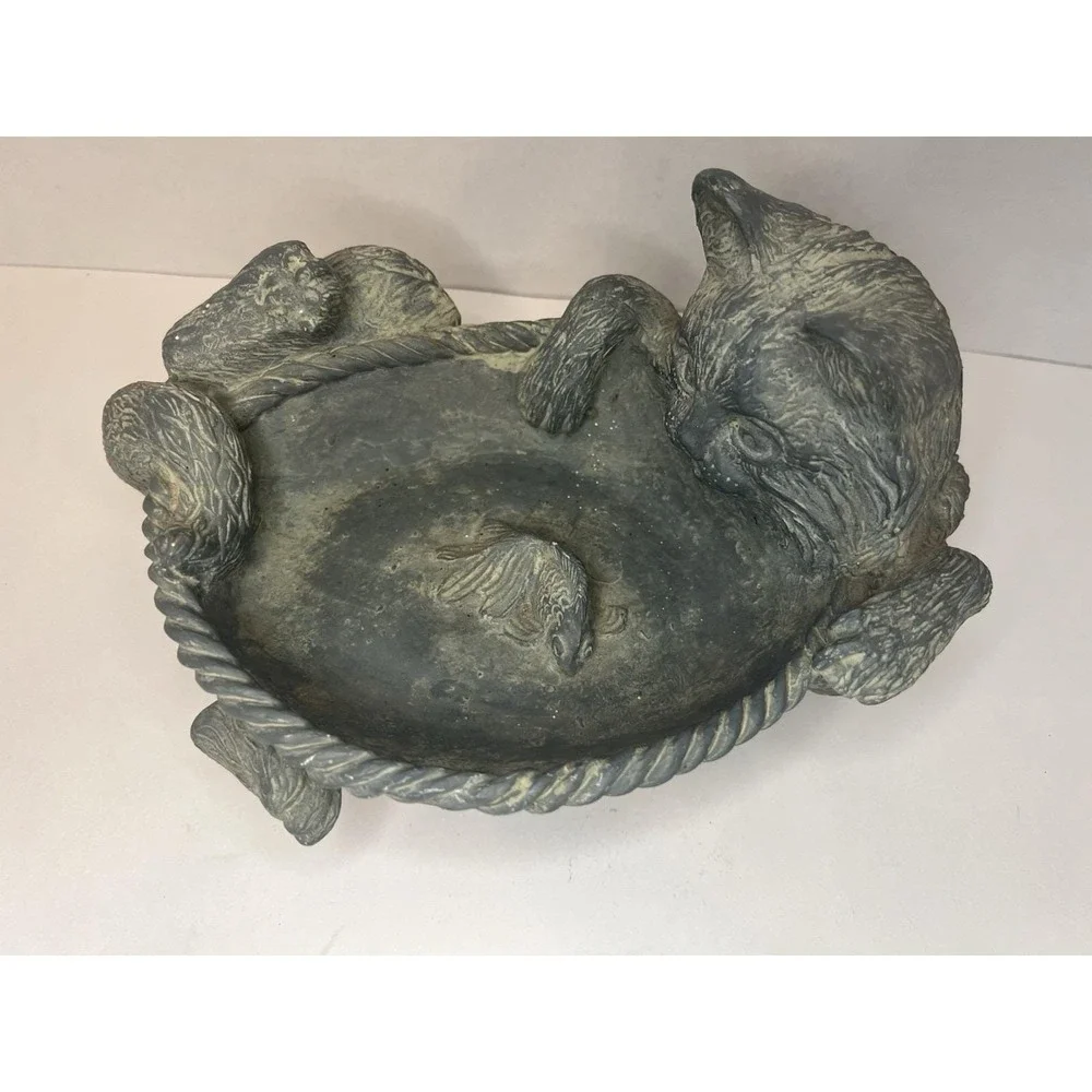 VTG Cement Cast Cat With Goldfish Bird Bath Feeder Heavy!
